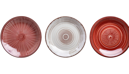 Ceramic Plate Collection: A trio of exquisitely crafted ceramic plates in warm earthy tones, each with unique radial patterns, inviting visual and tactile appeal, showcasing the art of dining.