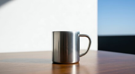 close up shiny bright traditional stanless steel mug on the table