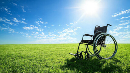 Wheelchair grassy field clear sky sunlight outdoor freedom mobility empty peaceful