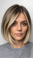 Trendy Blunt Bob Haircut with Blonde Balayage on Young Woman Modern Beauty Look