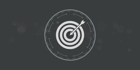 Abstract black and white target with a white arrow aiming for success at the center of the dartboard, symbolizing business accuracy and goal achievement