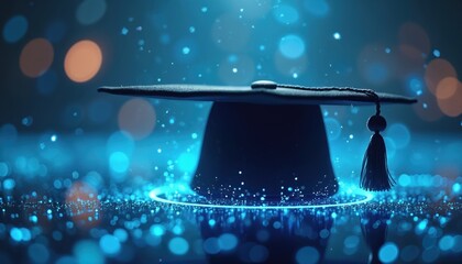 Abstract digital tech background. Graduation cap floats amidst blue glowing light particles, representing online education training in virtual space. Modern concept for education marketing,