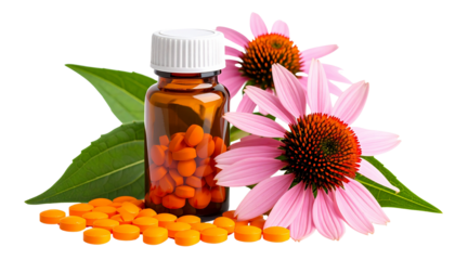 A bottle of immunity support tablets with Echinacea and Vitamin C, surrounded by a pink flower and some orange tablets. Concept Immunity Support, Echinacea Benefits, Vitamin 