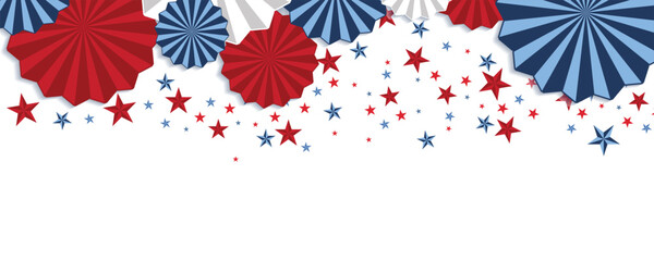paper stars in USA flag colors Happy 4th of July, USA Independence Day vector banner template. White background. Material design for greeting card, flyer layout, poster.