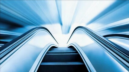 Modern escalator with motion blur and blue lighting, in a well-lit urban elevator. A sense of speed and travel is conveyed by the dynamic .
