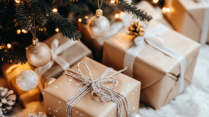 New Year's gifts lie under the bright tree. Christmas gifts.