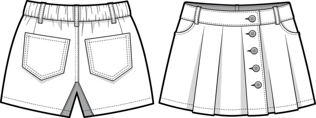 Technical CAD Flat Vector Drawing of Women’s Back Pocket Shorts and Front Button Skirt Design, Fashion Apparel Sketch, Template Design