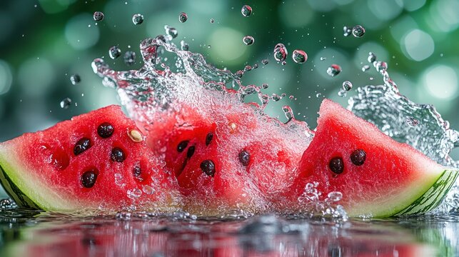 Watermelon slices splashed with water