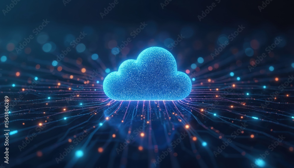 Poster cloud computing technology concept with cloud icon center. abstract network code transfer data on da