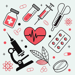 Medical illustration heart syringes pills and microscope