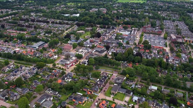 An panorama Aerial view of the old town of the Drachten city Groningen in the Netherlands on a sunny day in summer.