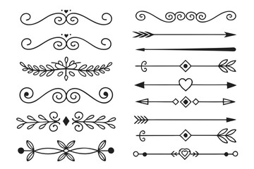 Elegant Decorative Arrows and Swirls with Vintage Floral Borders in Hand-Drawn Black Vector. Ornamental Dividers for Layout Projects and Invitations.

