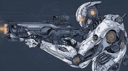 Futuristic robotic soldier aiming rifle on blue tech background, concept for sci-fi illustration