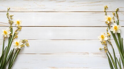 Obraz premium Spring Daffodils on White Wooden Background