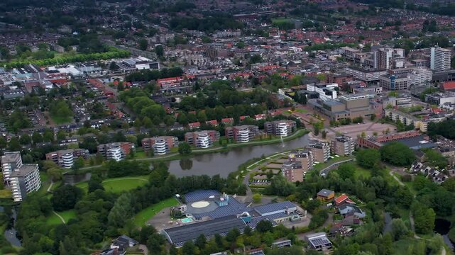 An panorama Aerial view of the old town of the city Drachten in the Netherlands on a sunny day in summer.