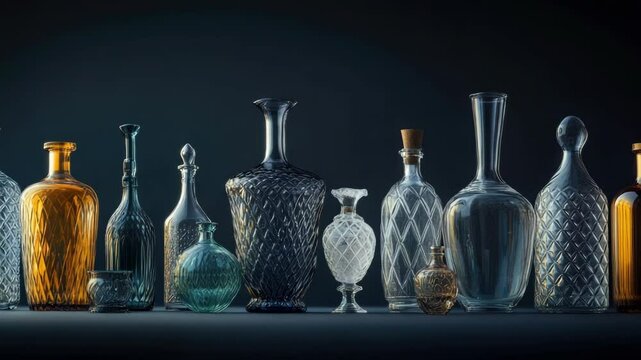An array of old-fashioned glass vases on a black surface, showcasing their unique designs and the artistry of their craftsmanship.