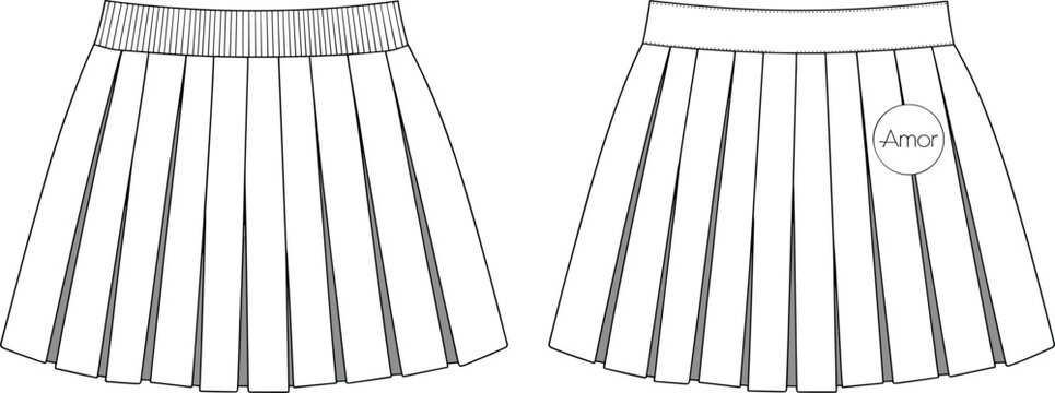 Women’s Pleated Skirt with Logo CAD Technical Flat Vector Drawing Front Back View Fashion Waistband Apparel Garment Template Design Sketch