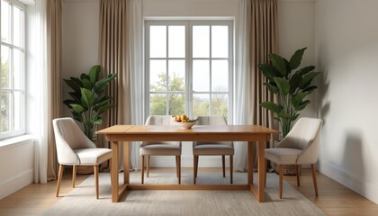 Modern dining room interior. Wooden dining table with chairs. Big window, natural light, plants, fruits on table. Cozy home design concept. Neutral colors, elegant style, comfortable space.