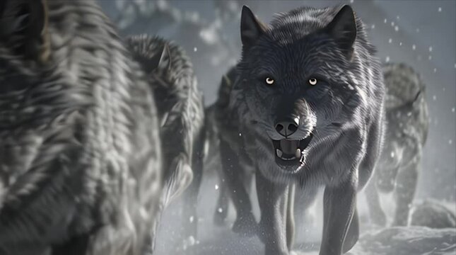 雪の中を走るオオカミの群れのアニメーション｜Animation of a pack of wolves running through the snow
