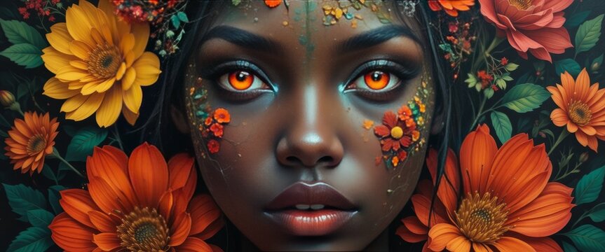 Portrait of Young African American beautiful girl, Black History Month and Juneteenth Banner, African People Illustration, Fictional Characters with colorful flowers illuminate the eyes - Powered by Adobe