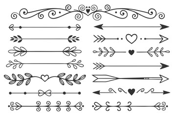 Vintage Floral and Swirl Divider Set in Elegant Black Vector Style Featuring Arrows, Curves, and Hand-Drawn Accents for Invitations and Layouts.

