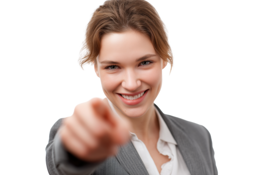 Smiling businesswoman pointing at camera PNG with a transparent background