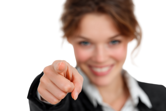 Smiling businesswoman pointing at camera PNG with a transparent background