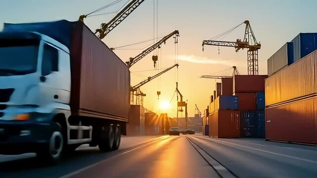 Logistics and global trade shown by transport trucks and containers in a busy port at sunrise