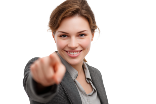 Smiling businesswoman pointing at camera PNG with a transparent background