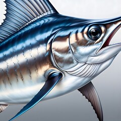 Close up artistic depiction of a marlin highlighting its metallic blue and silver scales and prominent bill