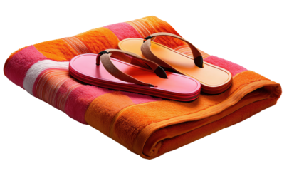 Set of two pieces of beachwear- towel and flip flops isolated on white  or transparent background 
