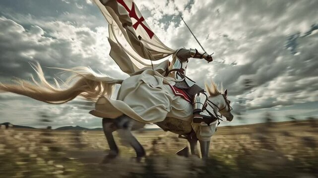 Knight in armor gallops on white horse across open field under dramatic sky