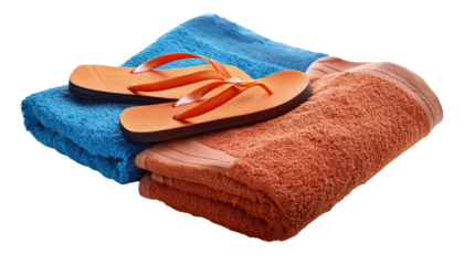 Set of two pieces of beachwear- towel and flip flops isolated on white  or transparent background 