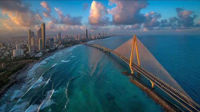 Bandra Worli Sea Link Mumbai Aerial View at Sunset, India - Modern Cityscape