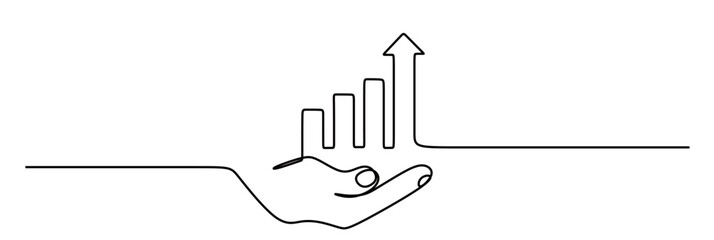 continuous line art of a hand with an upward arrow graphic. business icon, profit, finance, and success