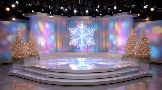 A festive studio set with illuminated Christmas trees and a large snowflake backdrop, featuring colorful stage lighting and a glossy floor.