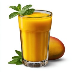 Refreshing mango smoothie with mint and whole mango isolated on white background