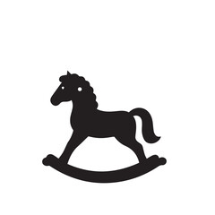 Fototapeta premium Children's rocking horse silhouette in black with cloud shapes and abstract background elements, minimalistic flat vector Adobe Illustrator Artwork