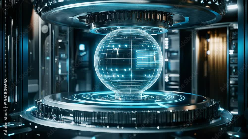 Poster a futuristic scene of a quantum computer emitting a digital security field, ensuring ultra-secure da