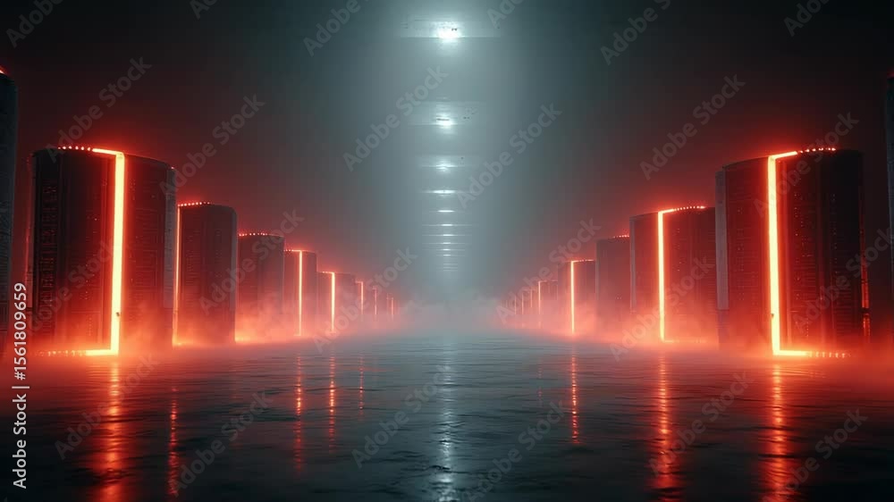Poster Futuristic data center, digital library with infinite glowing scrolls. AI-managed knowledge vault with sci-fi design. Cyber security, information storage, data processing, server room infrastructure