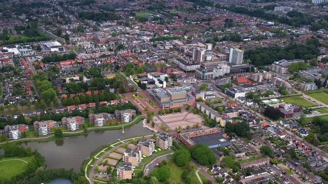 An panorama Aerial view of the old town of the city Drachten in the Netherlands on a sunny day in summer.