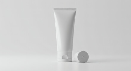 Clean Beauty: A pristine, minimalist aesthetic presents a white cosmetic tube and its cap, conveying purity and elegance. This versatile visual resource offers a clean backdrop to showcase products.
