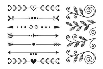 Fototapeta premium Hand-Drawn Decorative Dividers Featuring Elegant Curves, Arrows, and Vintage Floral Swirls in Black Vector. Stylish Borders for Layouts and Creative Design.