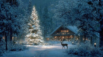 A serene winter night scene with a snow-covered cabin, lit Christmas tree, and a deer standing in the snowy forest.