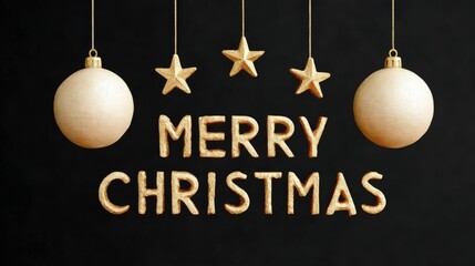 Golden "Merry Christmas" text with stars and baubles on a black background, creating a festive holiday greeting card.