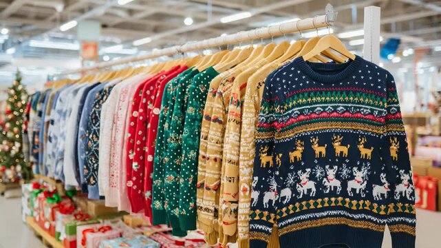 Christmas sweaters with festive patterns hanging on rack in store ready for holiday winter shopping season