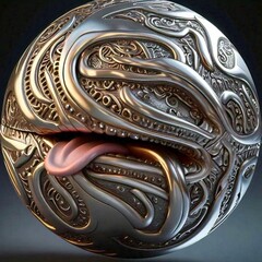 A metallic ornate sphere with a textured intricate design featuring a pink tongue protruding from a central organic looking opening