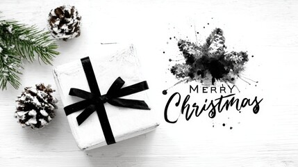 Elegant Christmas scene with a white gift box, black ribbon, pine cones, and festive greeting in black and white.