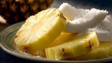 A clear image of fresh pineapple and coconut slices arranged decoratively on a plate under sufficient lighting, emphasizing their vibrant textures .