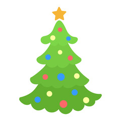 Decorated Christmas tree isolated on a white background. Colored icon, vector illustration, design element for card, invitations and christmas decor.